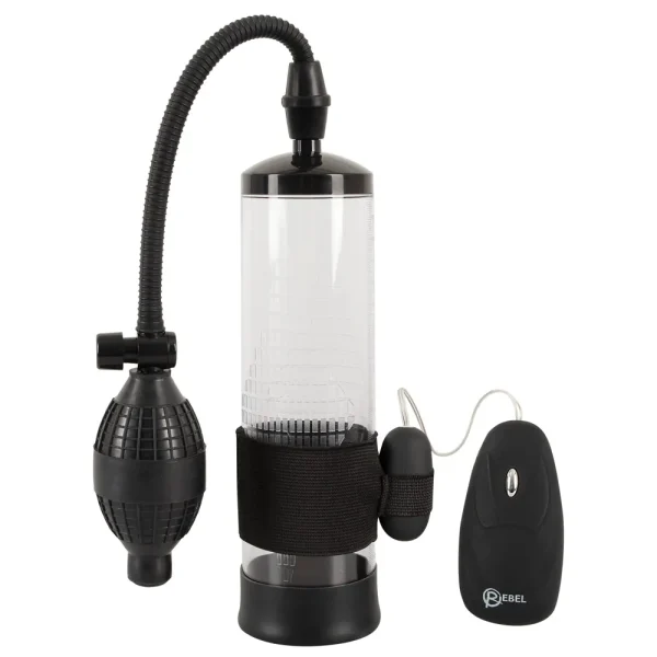 The Rebel 7-Piece Performance Sex Toy Set includes a transparent cylindrical pump with a black flexible hose, hand pump, adjustable strap, and wired control device, all displayed upright on a white background.
