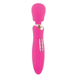 The Bodywand Rumble Wand 10 Inch Rechargeable Massager is a pink handheld massager featuring a rounded head, ribbed handle, three control buttons, and a metallic accent near the head.