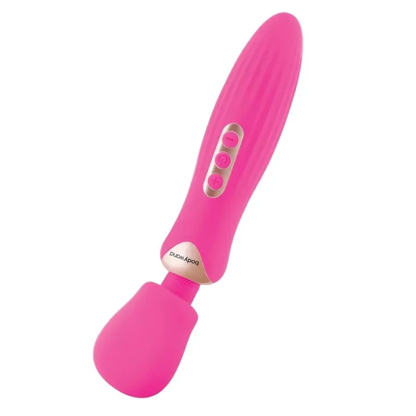 The Bodywand Rumble Wand 10 Inch Rechargeable Massager is a pink handheld massager featuring a rounded head, ribbed handle, and three control buttons on the handle. showing its head flexibility.