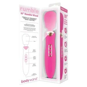 A Bodywand Rumble Wand 10 Inch Rechargeable Massager in pink, shown in open packaging with visible labeled features and buttons on the wand alongside product information.