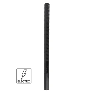 A long, black Hidden Desire Extreme Electro Shock Baton with a textured grip and buttons plus indicator lights at the base. Next to it is a lightning bolt symbol and the word "ELECTRO.