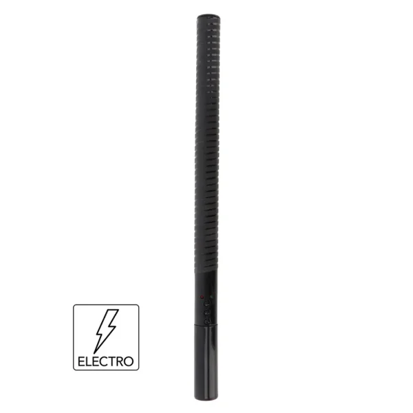 A long, black Hidden Desire Extreme Electro Shock Baton with a textured grip and buttons plus indicator lights at the base. Next to it is a lightning bolt symbol and the word "ELECTRO.