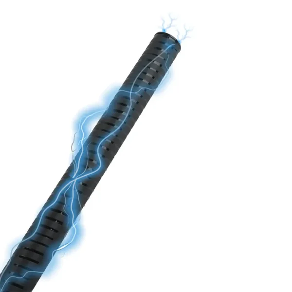 The Hidden Desire Extreme Electro Shock Baton is a black, rod-shaped device featuring blue electric arcs along its surface implying the electrostim capabilities, displayed against a white background.