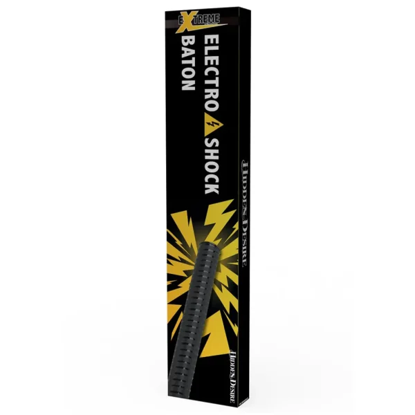 A black box labeled "Hidden Desire Extreme Electro Shock Baton" features yellow lightning graphics, a picture of the black baton, and bold white and yellow text on the packaging.
