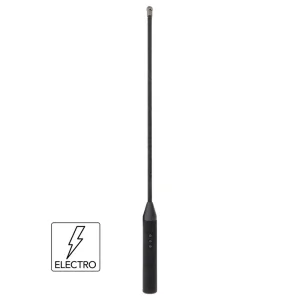 The Hidden Desire Extreme Electro Shock Cane is a long, black electric impact play cane with a thin shaft, handle with two buttons, and a lightning bolt icon plus "ELECTRO" in a box at the bottom left.