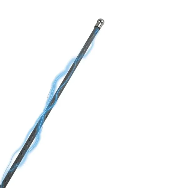 The Hidden Desire Extreme Electro Shock Cane features a black, stick-like design with a rounded metallic tip, emitting blue electric waves along its length to show its electro stim feature, set against a plain white background.