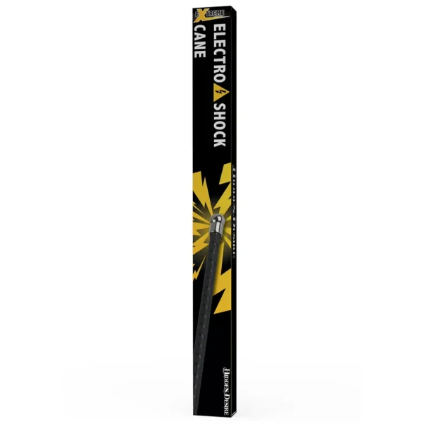 A tall, rectangular black box with yellow accents features "Hidden Desire Extreme Electro Shock Cane," a lightning bolt graphic, and an image of the black cane with a textured handle.