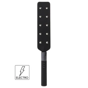 The Hidden Desire Extreme Electro Shock Paddle is a black paddle with a rectangular head featuring metal spiked studs, a black handle with buttons, and a lightning bolt icon above "ELECTRO" in the lower left corner.