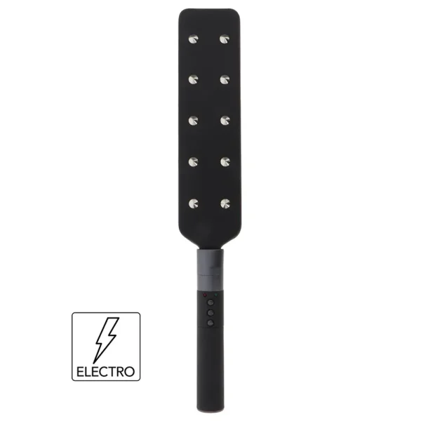 The Hidden Desire Extreme Electro Shock Paddle is a black paddle with a rectangular head featuring metal spiked studs, a black handle with buttons, and a lightning bolt icon above "ELECTRO" in the lower left corner.
