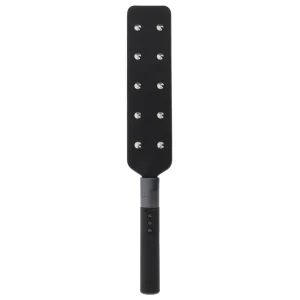 The Hidden Desire Extreme Electro Shock Paddle is black and rectangular with two columns of spiked metal studs and a black handle featuring buttons, pictured on a white background.