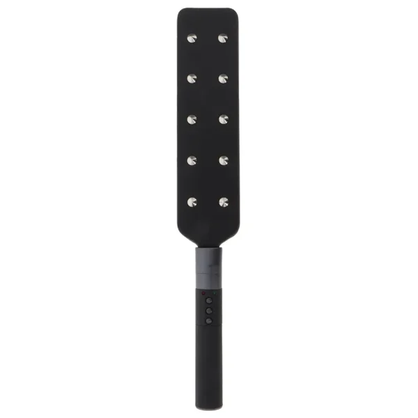 The Hidden Desire Extreme Electro Shock Paddle is black and rectangular with two columns of spiked metal studs and a black handle featuring buttons, pictured on a white background.