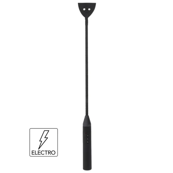 The Hidden Desire Extreme Electro Shock Riding Crop is black with a long handle, flat rounded tip, button controls, and a "ELECTRO" lightning bolt icon that highlights its electric shock function.