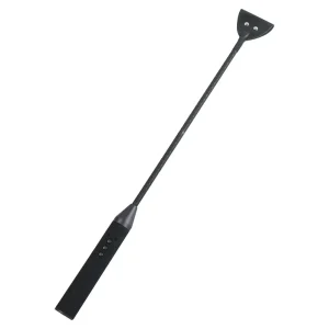 The Hidden Desire Extreme Electro Shock Riding Crop is black with a circular handle, a triangular tip, and two metal rivets.