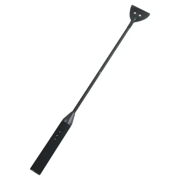 The Hidden Desire Extreme Electro Shock Riding Crop is black with a circular handle, a triangular tip, and two metal rivets.