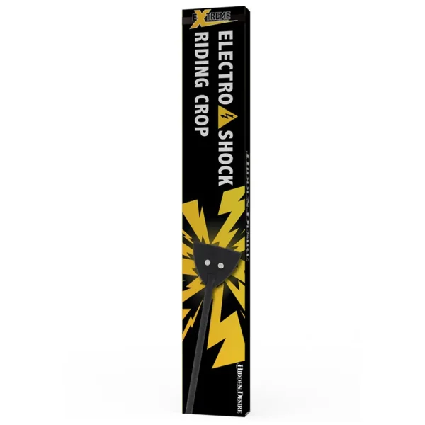 A tall black box labeled "Hidden Desire Extreme Electro Shock Riding Crop" features yellow lightning graphics and a riding crop, shown against a white background.