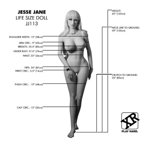 The Jesse Jane Fully Poseable Life Size Love Doll stands upright with long blonde hair, marked with black lines and measurements detailing height, shoulder width, arm, thigh, calf circumference, breast and hip sizes.