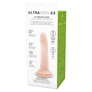 A box displaying the Me You Us Ultra Cock 6.5 Inch Realistic Dildo with suction cup base. The packaging features lifelike veins, a bulbous head, flared base, and detailed length and girth measurements.