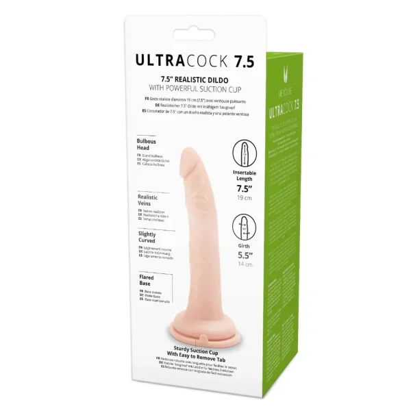 The Me You Us Ultra Cock 7.5 Inch Realistic Dildo comes in a white box with black and green accents, showcasing its realistic head, veins, curved shaft, flared base, suction cup, and detailed measurements.