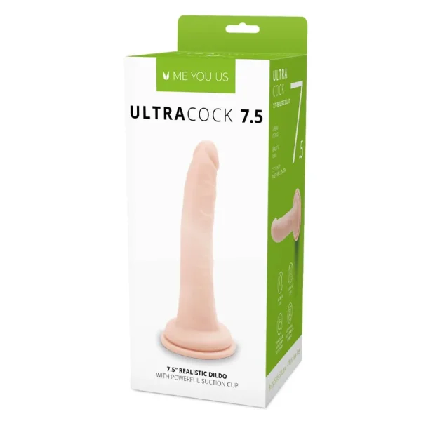 The Me You Us Ultra Cock 7.5 Inch Realistic Dildo comes in mostly white and green packaging, featuring the brand name and a product image of the flesh dildo with a suction cup base.