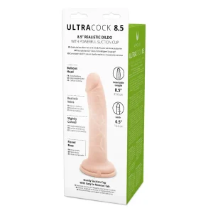A box labeled "Me You Us Ultra Cock 8.5 Inch Realistic Dildo" displays a lifelike toy with a suction cup, featuring pronounced veins, a bulbous head, flared base, and details on its length and girth.