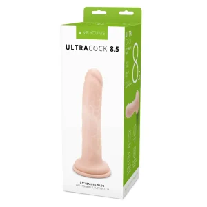 The Me You Us Ultra Cock 8.5 Inch Realistic Dildo comes in a white and green box with product images and descriptions, featuring a realistic design and a suction cup base.