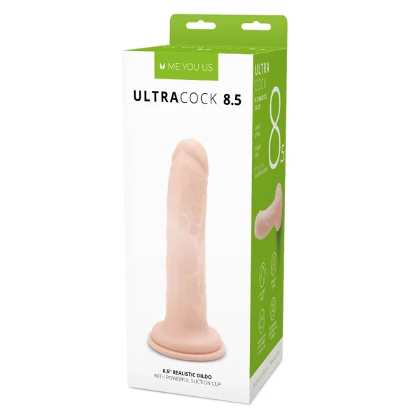 The Me You Us Ultra Cock 8.5 Inch Realistic Dildo comes in a white and green box with product images and descriptions, featuring a realistic design and a suction cup base.