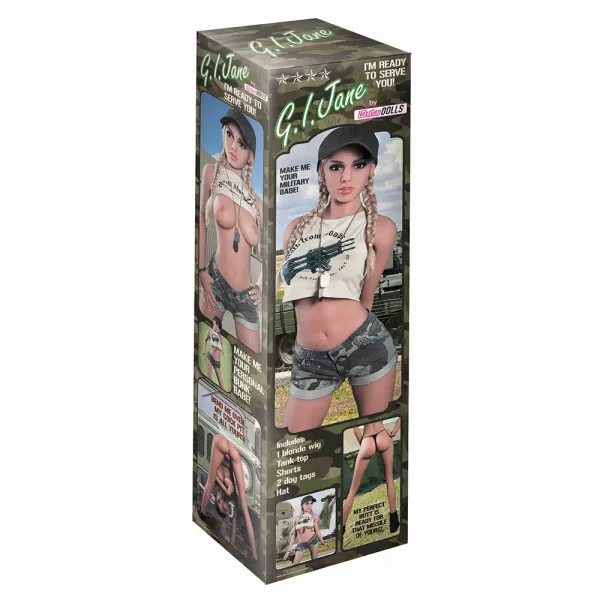 A tall box features the NextGen Dolls GI Jane Realistic Love Doll in a crop top, camouflage shorts, and hat. The packaging displays images of the doll and lists included accessories.