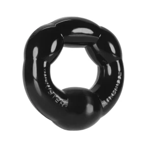 The Oxballs Thruster Cock Ring is a shiny black, thick stretchy cock ring with a twisted design and embossed text along the side, shown against a white background.
