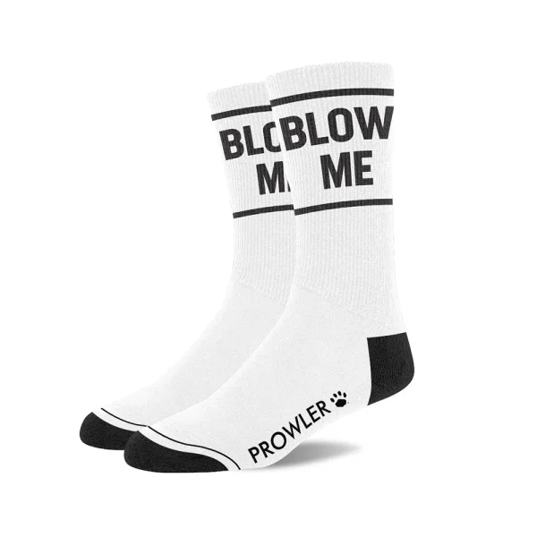 The Prowler RED Blow Me Socks are white with black toes and heels, feature "BLOW ME" in bold black letters near the top, and "PROWLER" with a paw print on the side of the foot.