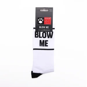 The Prowler RED Blow Me Socks are white with black accents and feature bold black text reading "BLOW ME." They come packaged with a label marked "Prowler RED.
