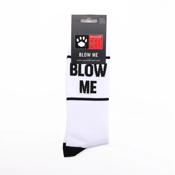 The Prowler RED Blow Me Socks are white with black accents and feature bold black text reading "BLOW ME." They come packaged with a label marked "Prowler RED.
