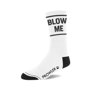 The Prowler RED Blow Me Socks are white with bold black "BLOW ME" text on the calf, black toe, heel, and cuff accents, plus "PROWLER" and a paw print logo near the toes.