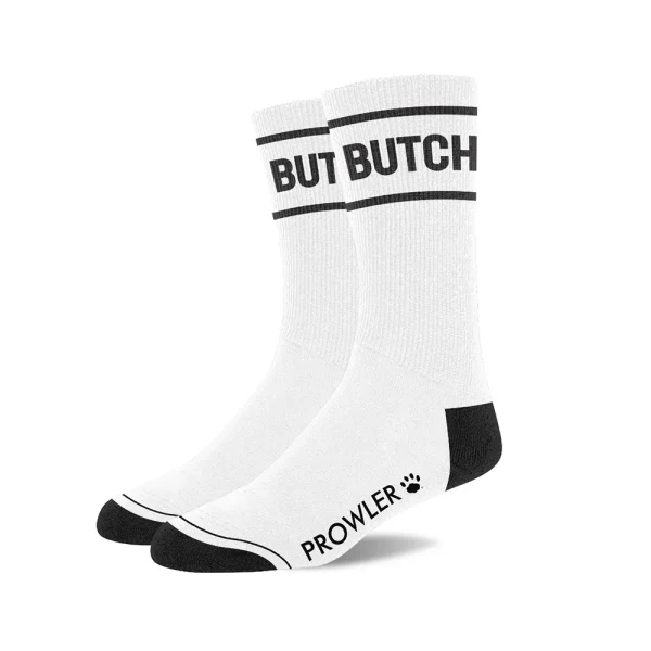 The Prowler RED Butch Socks are white crew socks with black toes and heels, featuring "BUTCH" in bold black letters at the top and "PROWLER" with a paw print on the foot.