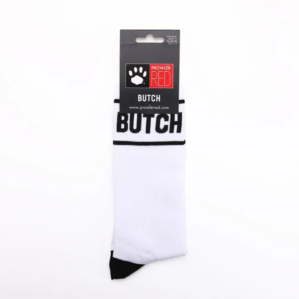 The Prowler RED Butch Socks are white with black toes and "BUTCH" in bold black letters near the top, packaged with a "PROWLER RED" label.