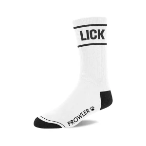 The Prowler RED Lick Socks are white athletic socks featuring black toe and heel accents, "LICK" in bold black near the top, and "PROWLER" with a paw print along the foot’s side.