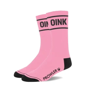 The Prowler RED Oink Socks are pink with black toes, heels, and cuffs. "OINK" is boldly printed near the top, while "PROWLER" and a paw print logo appear near the toes.