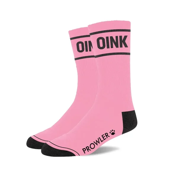 The Prowler RED Oink Socks are pink with black toes, heels, and cuffs. "OINK" is boldly printed near the top, while "PROWLER" and a paw print logo appear near the toes.