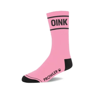 The Prowler RED Oink Socks are pink with black toe, heel, and cuff accents. "OINK" is printed in bold black letters near the top, and "PROWLER" with a paw print appears near the sole. Displayed on a white background.