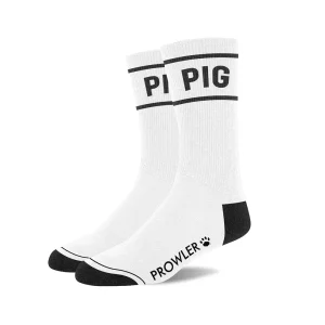 The Prowler RED Pig Socks are white crew socks with black toes, heels, and trim. "PIG" is in bold black letters near the top, and "PROWLER" with a paw print appears along the side of the foot.