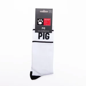 A packaged pair of Prowler RED Pig Socks in white with black accents, featuring "PIG" in bold black letters, a paw print logo on the packaging.