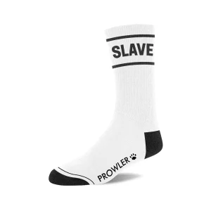 The Prowler RED Slave Socks are white with black trim on the toe and heel. "SLAVE" is boldly written near the top, while "PROWLER" and a paw print logo appear on the side near the sole.