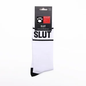 The Prowler RED Slut Socks are white with black toe and heel, feature "SLUT" in bold black letters, and come in packaging labeled "PROWLER RED" with a paw print logo.