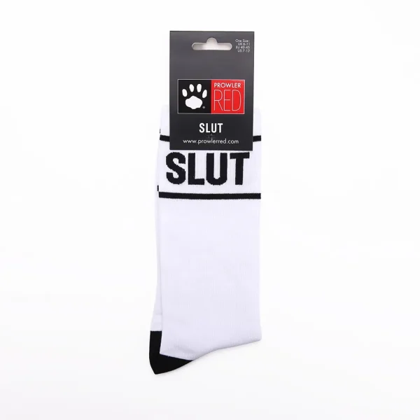 The Prowler RED Slut Socks are white with black toe and heel, feature "SLUT" in bold black letters, and come in packaging labeled "PROWLER RED" with a paw print logo.