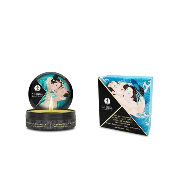 The Shunga Calendar of Desires includes a round tin massage candle and a bath salts square box, both adorned with Japanese-style erotic artwork of an embracing couple on a white background.