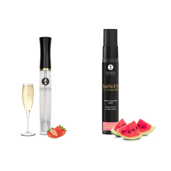 Two pieces from the Shunga Calendar of Desires. Bottles are shown upright on a white background, one beside a glass of champagne and strawberries, and the other next to slices of watermelon, this is to imply their flavours.