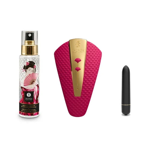 The Shunga Calendar of Desires, features a toy cleaner spray bottle with an illustrated label, a textured pink and gold sex toy, and a small black bullet vibrator, is displayed against a white background.