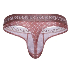 The Sukrew Diamond Classic Thong is a pair of rusty red coloured underwear with a wide elastic waistband featuring repeated white "SUKREW" text and a stylish metal pattern.