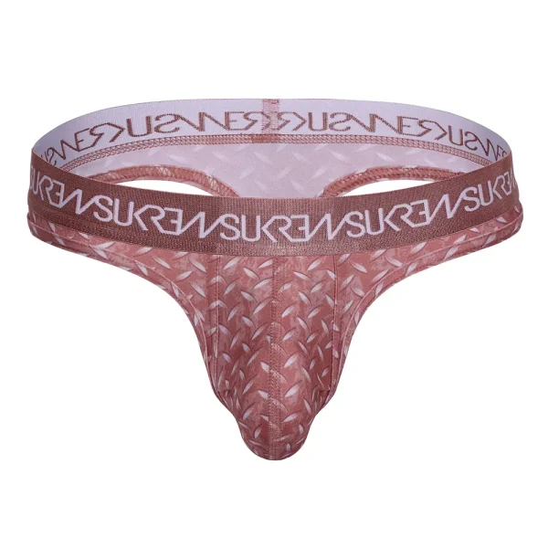 The Sukrew Diamond Classic Thong is a patterned, reddish-brown thong with metal details and a thick waistband featuring the repeated "SUKREW" brand name in white.