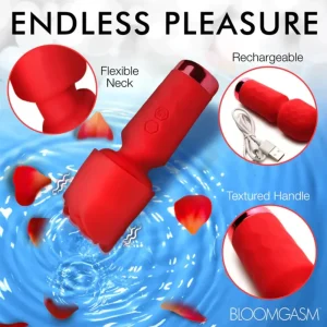 The Bloomgasm Pleasure Rose Petite Mini Silicone Rose Wand is shown above water with rose petals, featuring a flexible neck, textured handle, and USB recharge. Text highlights "Endless Pleasure" and "Bloomgasm." Labelled features are emphasised.