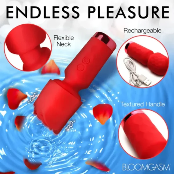 The Bloomgasm Pleasure Rose Petite Mini Silicone Rose Wand is shown above water with rose petals, featuring a flexible neck, textured handle, and USB recharge. Text highlights "Endless Pleasure" and "Bloomgasm." Labelled features are emphasised.